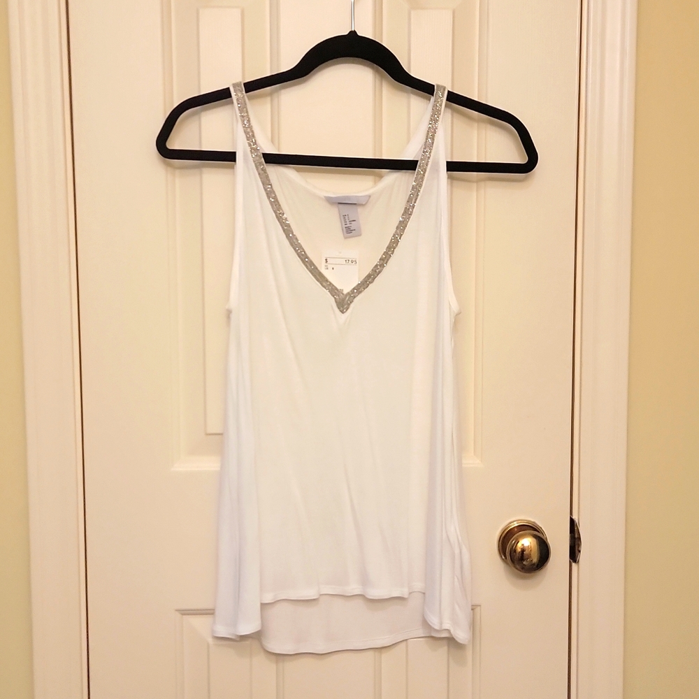 Sleeveless, white, beaded neckline swing v-neck top NWT